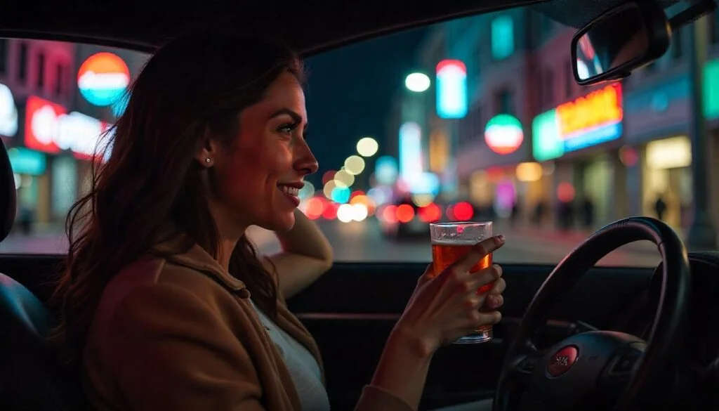 moteris uz vairo su bokalu alaus