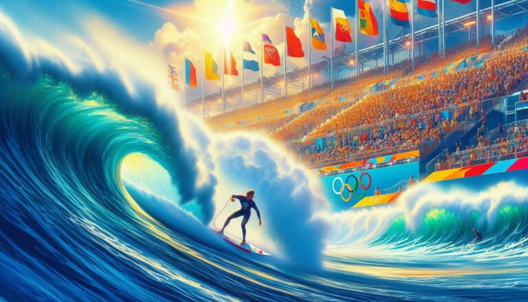 Banglenčių sportas olimpinėse žaidynėse: profesionalus banglentininkas plaukia ant didžiulės bangos šviesią saulėtą dieną, o fone matosi olimpinės tematikos vėliavos ir palaikanti minia.