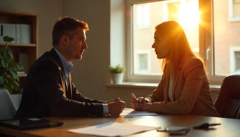 A consultation scene in an office where a person is discussing with an Employment Service specialist about their rights to unemployment benefits after leaving a job voluntarily. The office is modern with Eastern European-style decor, and papers related to unemployment benefits are visible on the desk.