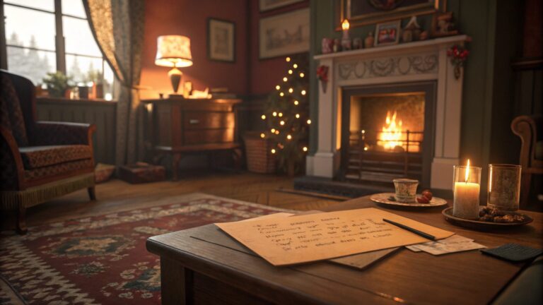 Šilti ir nuoširdūs sveikinimai ant stalo prie židinio, sukuriantys jaukią ir artimą atmosferą.