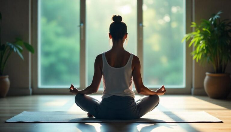 Asmuo meditacija ar joga, siekiant sumažinti stresą ir pagerinti kraujo spaudimą