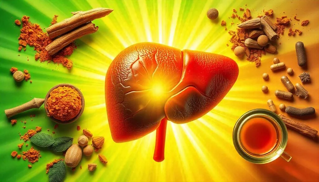 Sveikos kepenys, apsuptos natūralių papildų, tokių kaip kurkuma, pieno usnis ir žalia arbata