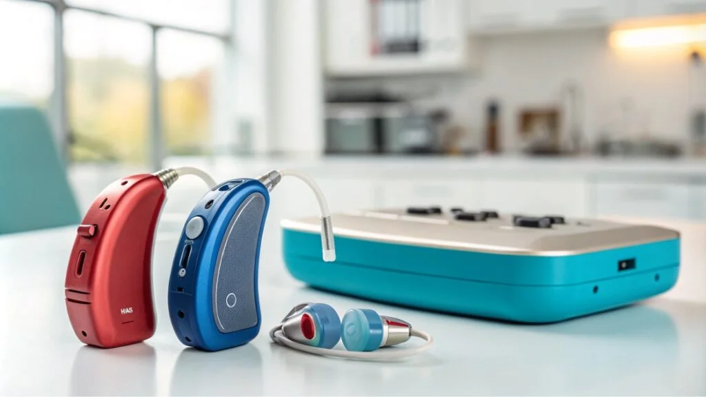 Spalvingas klausos aparatas su valymo priemonėmis ir baterijomis ant švelnaus audinio paviršiaus.