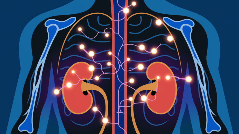 "An abstract illustration of a human body with interconnected lines and glowing points, symbolizing the flow of creatinine in the bloodstream and its relationship to kidney health."