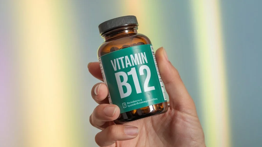 Vitamino B12 papildai buteliuke su šviesiu ir spalvingu fonu.