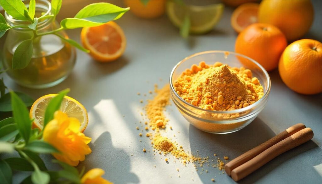 Sveiki ingredientai ant virtuvės stalo, tarp jų margainio milteliai, citrusiniai vaisiai ir žolelių arbatos