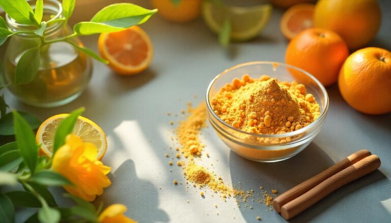 Sveiki ingredientai ant virtuvės stalo, tarp jų margainio milteliai, citrusiniai vaisiai ir žolelių arbatos