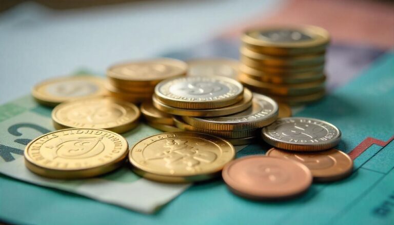 Stambus planas, kuriame matomos įvairios lietuviškos monetos ir banknotai, simbolizuojantys finansinį pensijos aspektą.