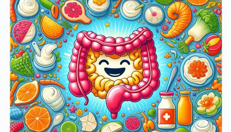 Spalvinga ir įtraukianti iliustracija, vaizduojanti šypseną turintį žarnyną, aplink kurį yra įvairūs probiotikai turintys maisto produktai, tokie kaip jogurtas, kimči ir kefyras, skatindami virškinimo sveikatą.