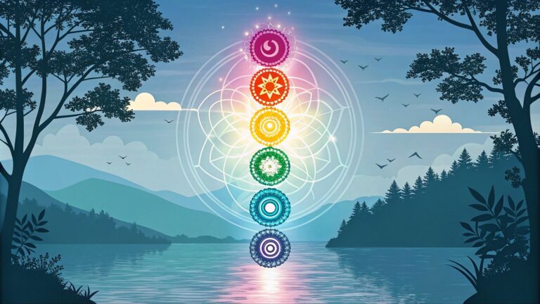 Abstrakti, ryški sveikimo ir atsinaujinimo vaizdų iliustracija su energijos simboliais