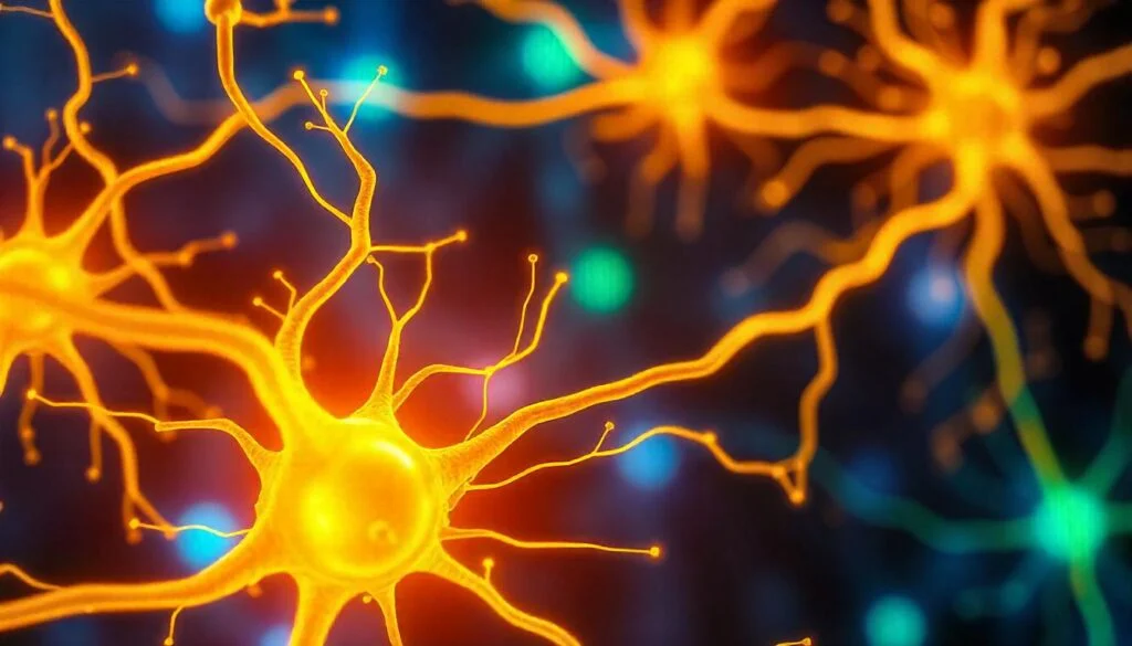 Nervų sistemos vaizdas su švytinčiomis nervinėmis ląstelėmis ir impulsais.