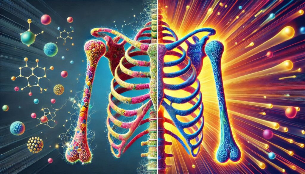 Sveika ir osteoporozės paveikta kaulų struktūra, aiškiai matoma tankio skirtumas.