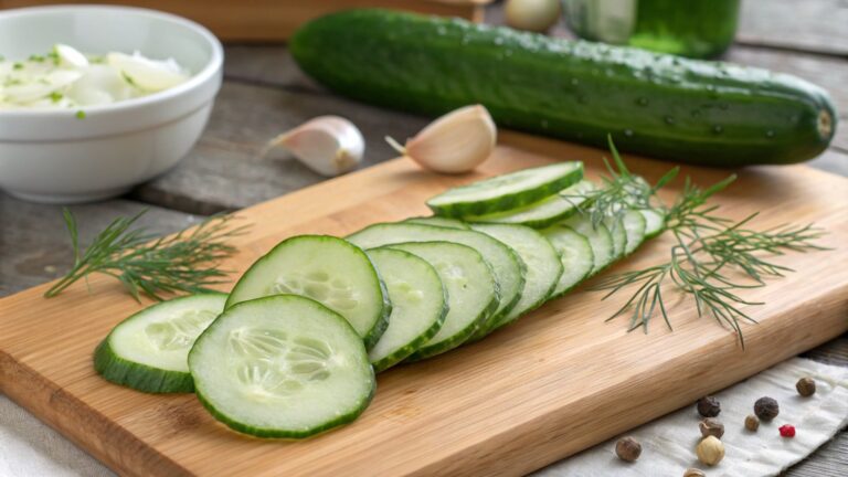 Šviežiai supjaustytas agurkas su šviežiu krapu ir česnaku ant medinio pjaustymo lentos, paruoštas mišrainei