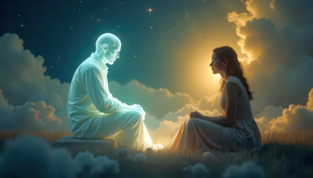 Mystical dream of a deceased person reawakening in a bright, colorful setting with sunlight breaking through clouds.