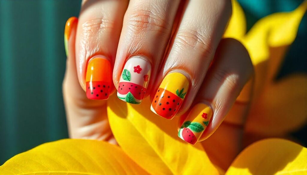 Ryškūs tropinių vaisių motyvai ant nagų, geltona, oranžinė ir rožinė spalvos, su tropinių lapų akcentais.