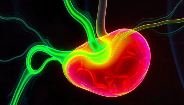 Spalvingas ir abstraktus virškinimo sveikatos atvaizdas su linijomis, simbolizuojančiomis tulžies srautą ir virškinimo sistemą