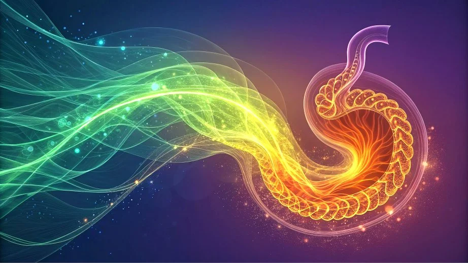 Meninis ir spalvingas tulžies pūslės vaizdas su švytinčiomis linijomis, simbolizuojančiomis tulžies srautą