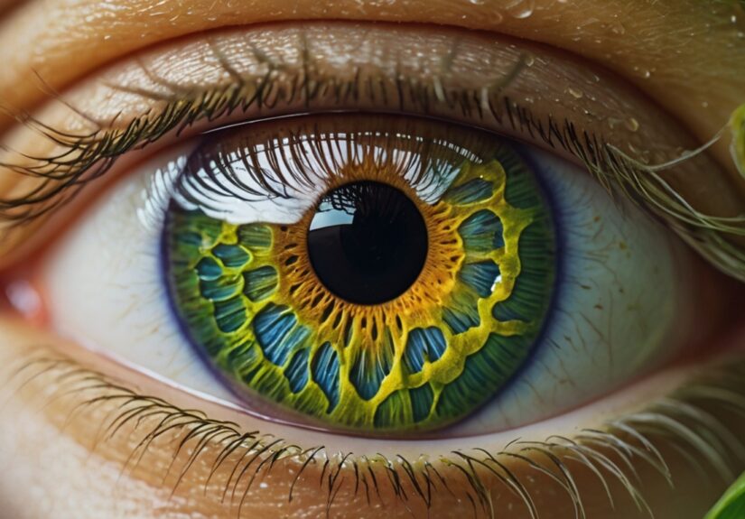 Žmogaus akies rainelės stambus planas, kurioje matomos žalios ir mėlynos spalvos su auksiniais atspindžiais.