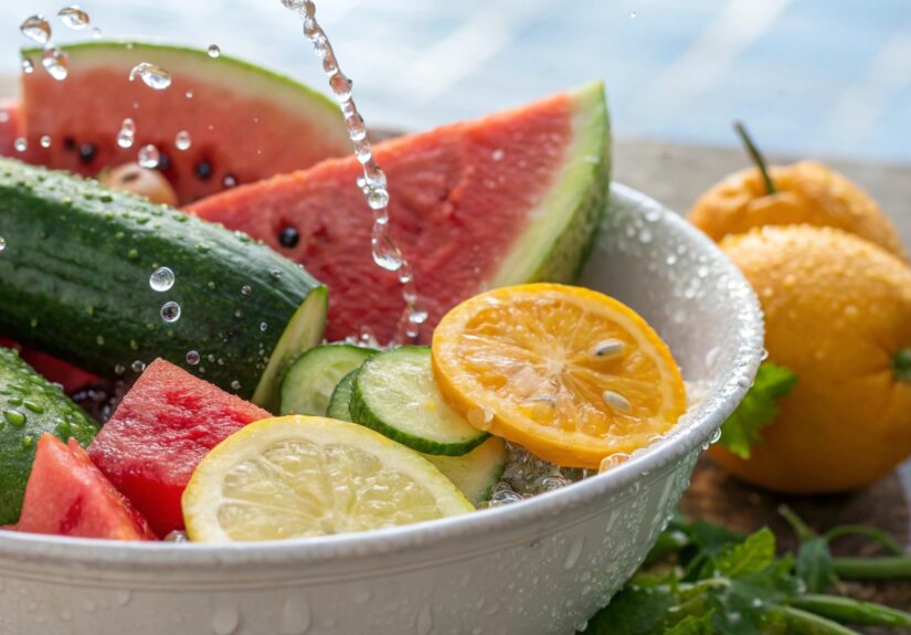 Spalvingas vaisių dubuo su arbūzu, agurkais ir citrusiniais vaisiais, pabrėžiant diuretikų savybes ir hidrataciją.