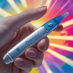 Ozempic injekcijos pieštukas rankoje, su ryškiu ir moderniu fonu, atspindintis efektyvumą.