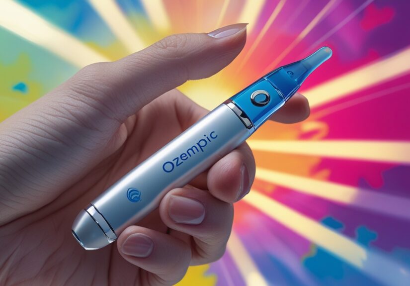 Ozempic injekcijos pieštukas rankoje, su ryškiu ir moderniu fonu, atspindintis efektyvumą.