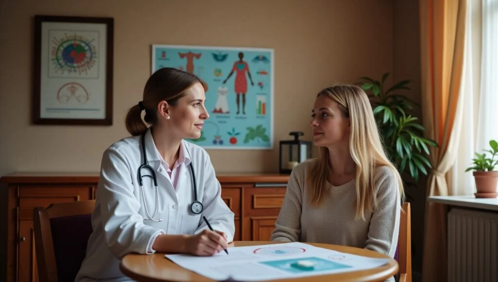 Lietuvos gydytojas paaiškina HPV gydymo galimybes pacientui tradiciniame lietuviškame kabinete.