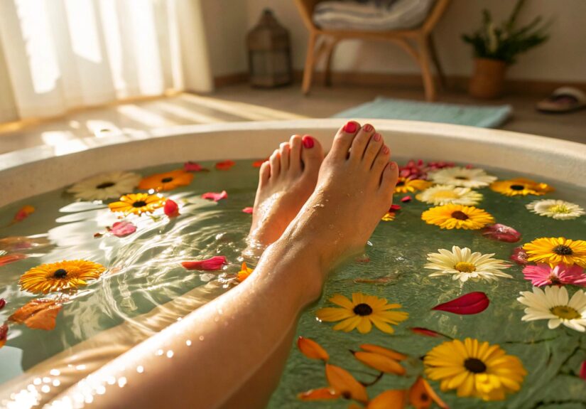 Kojų vonelė su ramunėlių ir medetkų žiedais kraujotakai gerinti.
